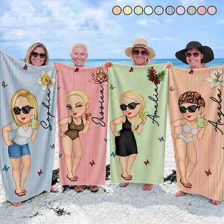 Birth Month Flower Turban Woman Stripe Pattern - Personalized Beach Towel
