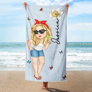 Gift For Yourself, Gift For Women, Beach, Summer, Playful, Vector - Birth Month Flower Turban Woman Stripe Pattern - Personalized Beach Towel