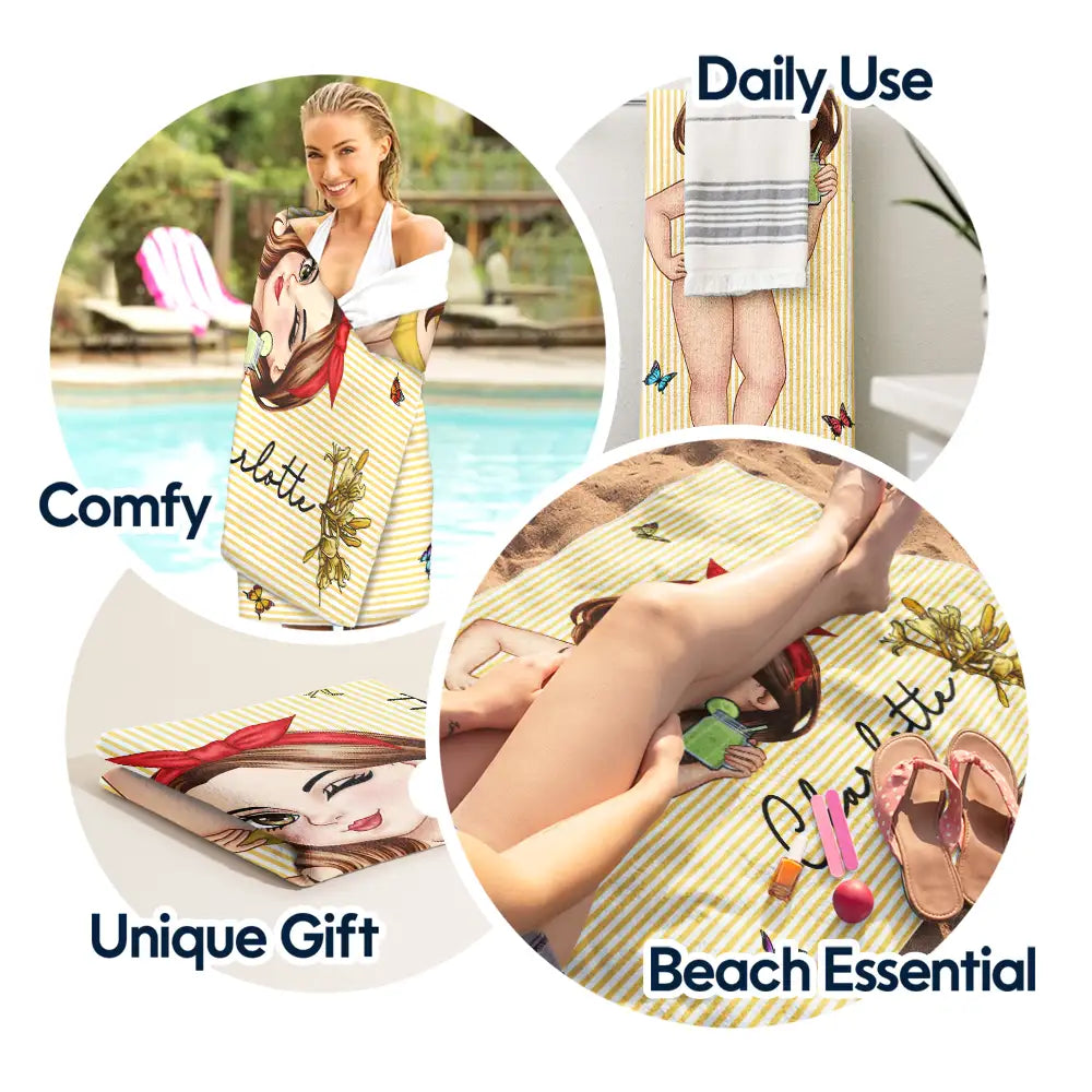 Gift For Yourself, Gift For Women, Beach, Summer, Playful, Vector - Birth Month Flower Turban Woman Stripe Pattern - Personalized Beach Towel