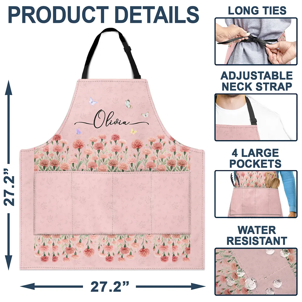 Gift For Mother,Gift For Grandma,Love,Gift For Women - Birth Month Flower Watercolor Blooming In Love - Personalized Apron