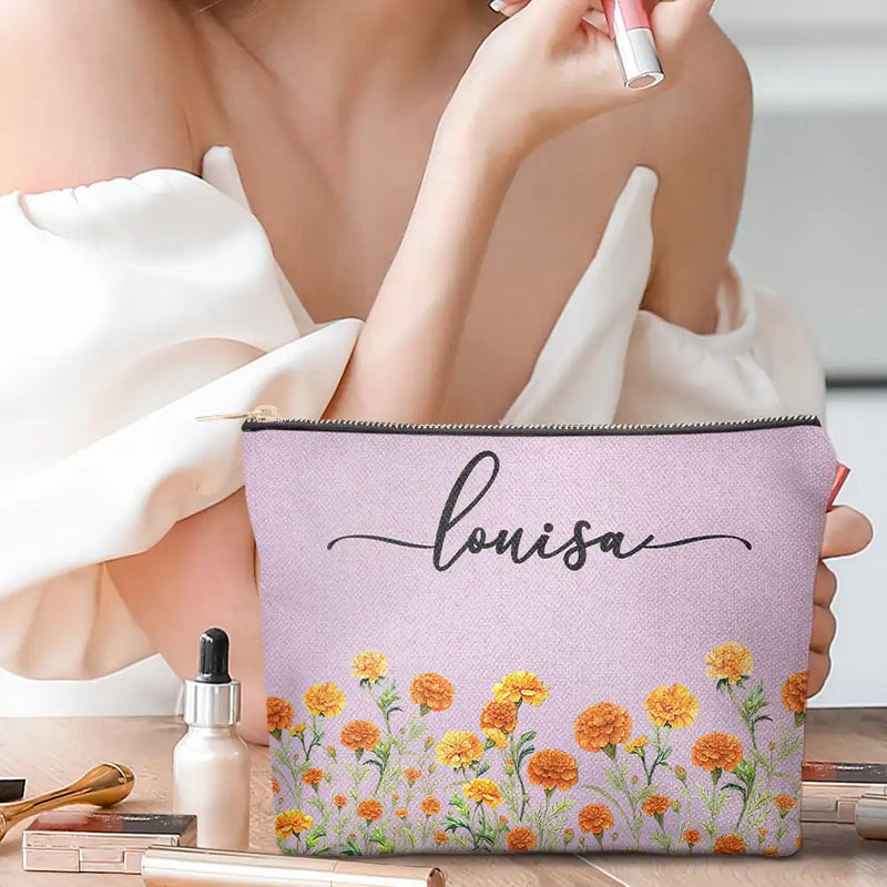 Gift For Yourself,Gift For Women,Happy - Birth Month Flower Watercolor Blooming In Love - Personalized Cosmetic Bag