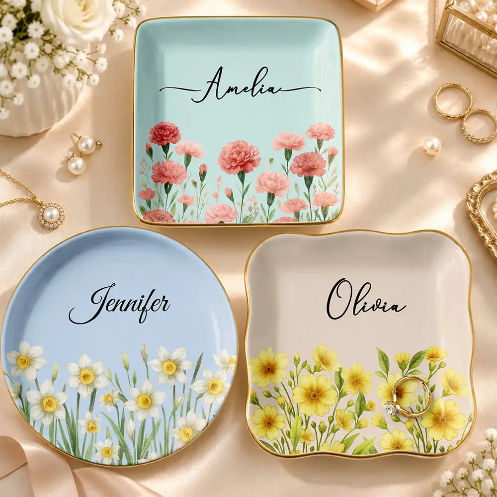 Birth Month Flower Watercolor Blooming In Love - Personalized Lace Square Jewelry Dish