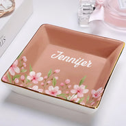 Gift For Yourself, Happy, Gift For Women - Birth Month Flower Watercolor Blooming In Love - Personalized Lace Square Jewelry Dish