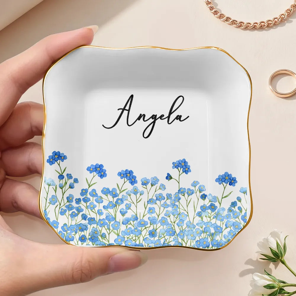 Gift For Yourself, Happy, Gift For Women - Birth Month Flower Watercolor Blooming In Love - Personalized Lace Square Jewelry Dish