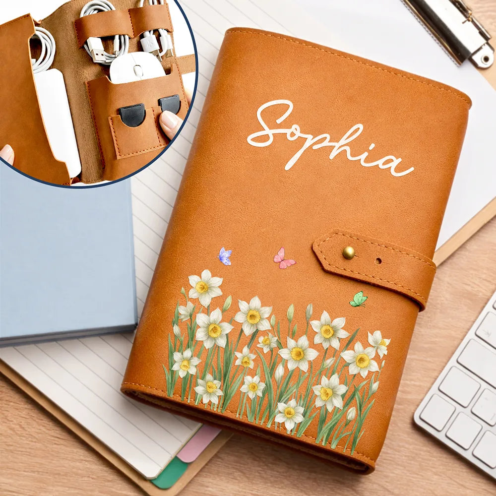 Birth Month Flower Watercolor Blooming In Love - Personalized Leather Cable Bag