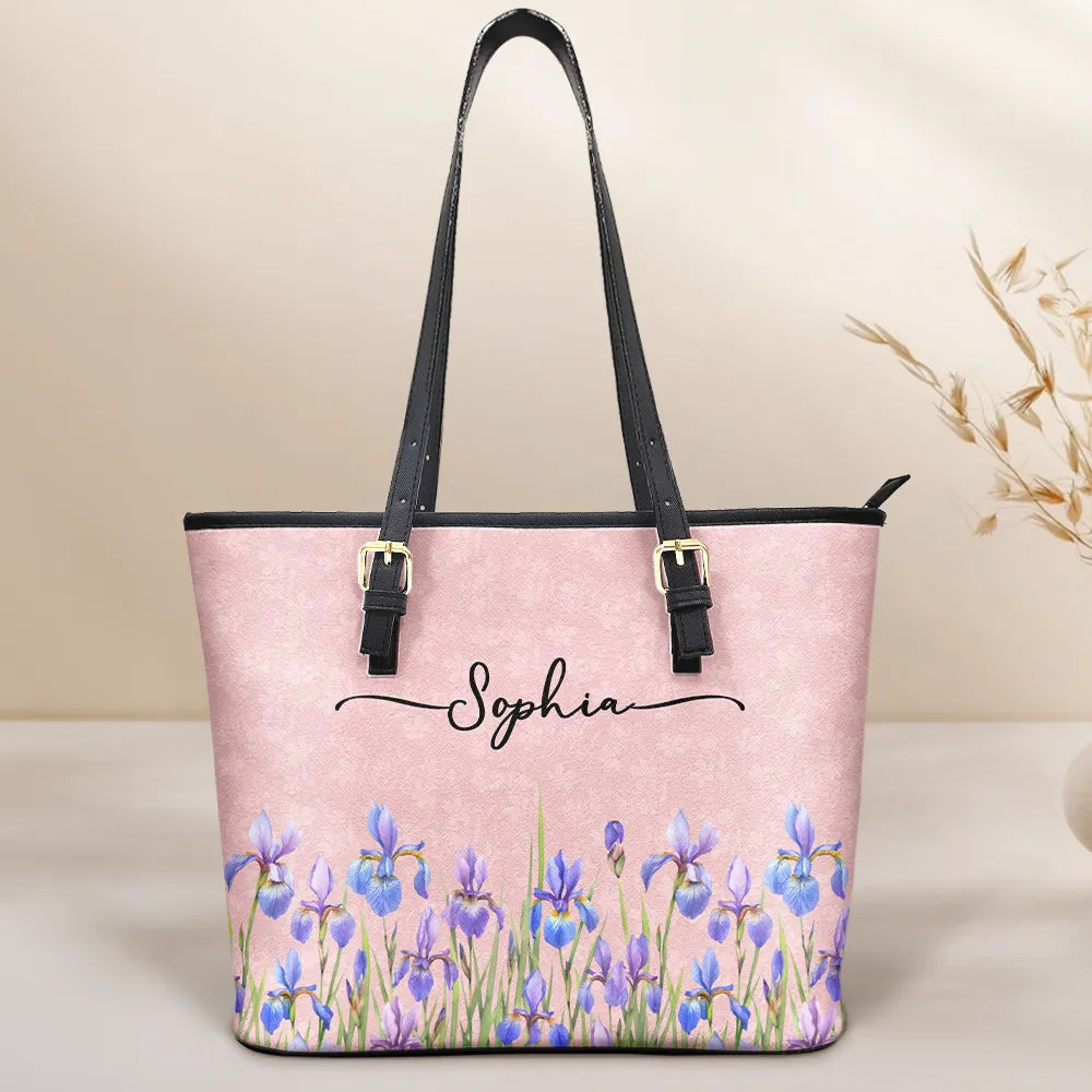Birth Month Flower Watercolor Blooming In Love - Personalized Leather Tote Bag