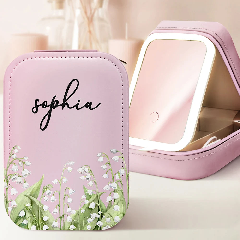 Birth Month Flower Watercolor Blooming In Love - Personalized Makeup Box With LED Mirror