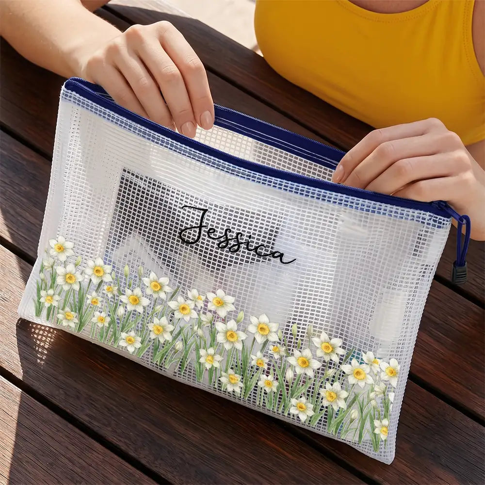 Confident,Gift For Yourself,Summer,Gift For Women,Icon - Birth Month Flower Watercolor Blooming In Love - Personalized Mesh Zipper Pouch