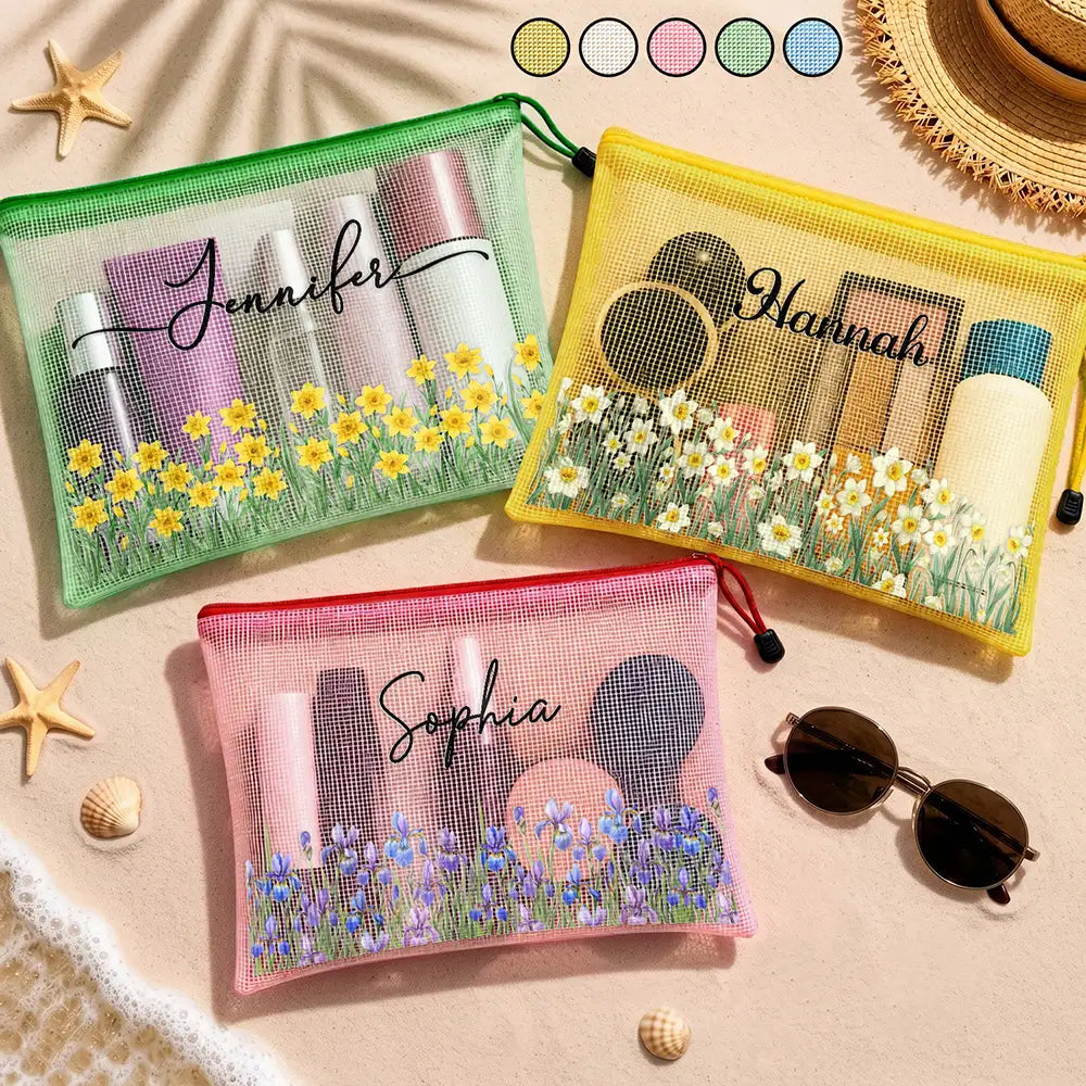 Confident,Gift For Yourself,Summer,Gift For Women,Icon - Birth Month Flower Watercolor Blooming In Love - Personalized Mesh Zipper Pouch