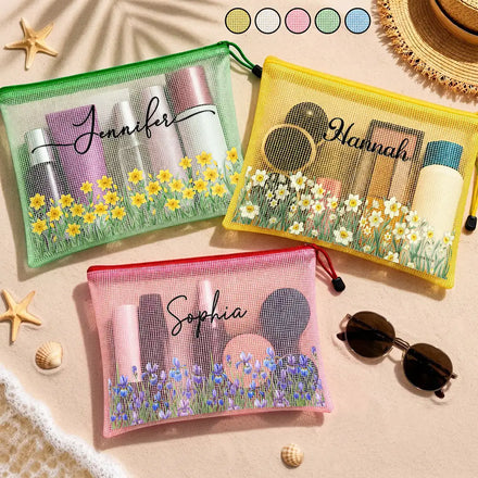Birth Month Flower Watercolor Blooming In Love - Personalized Mesh Zipper Pouch