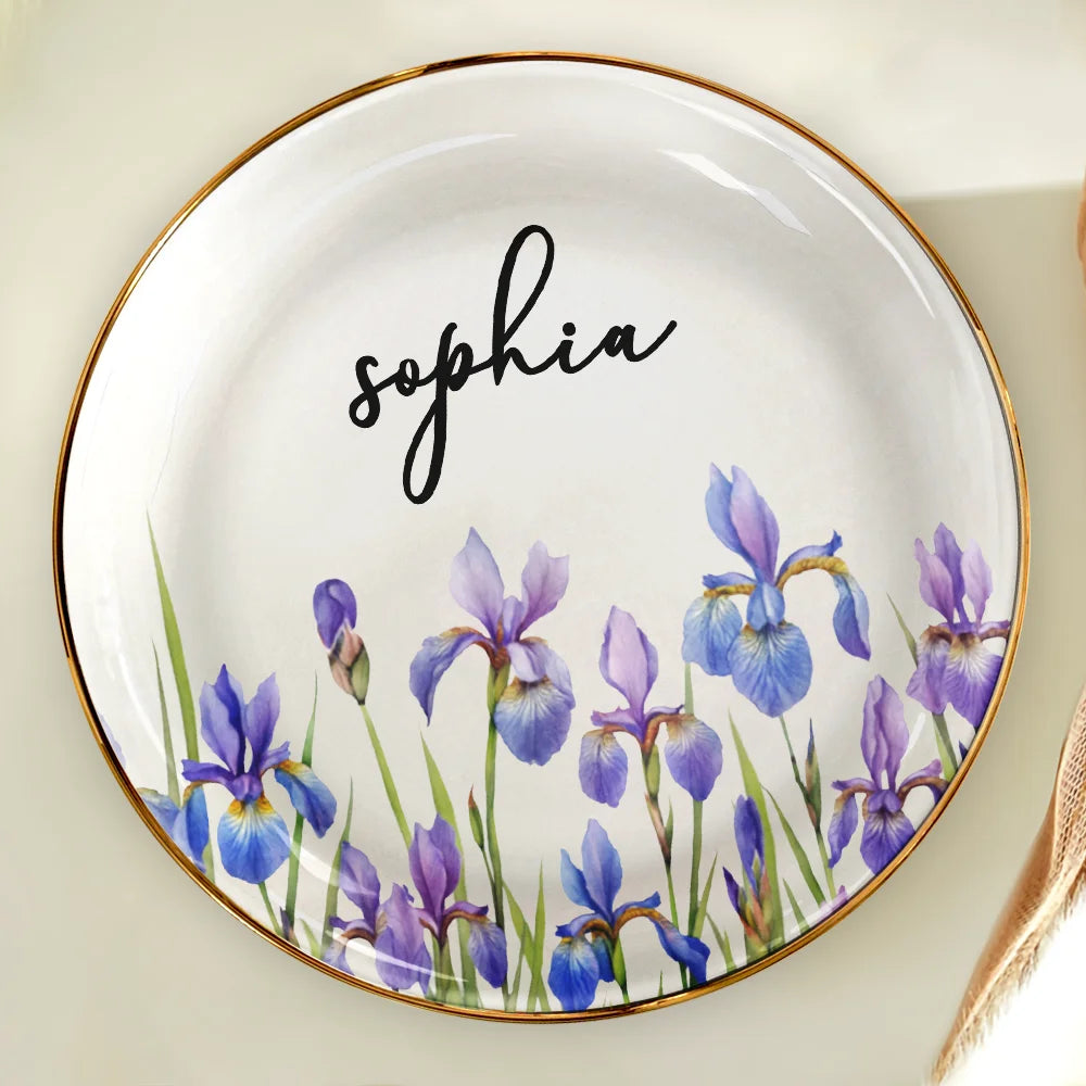 Birth Month Flower Watercolor Blooming In Love - Personalized Round Ring Dish