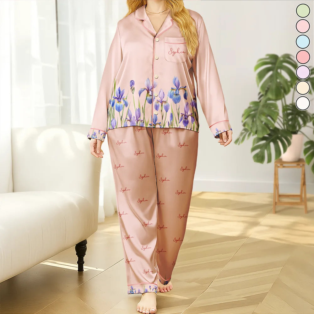Birth Month Flower Watercolor Blooming In Love - Personalized Satin Pajama Set