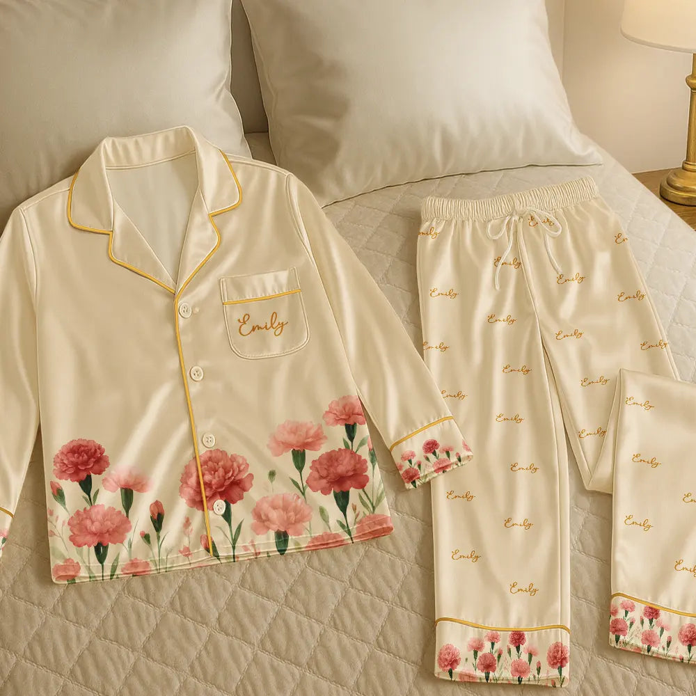 Gift For Yourself,Gift For Women,Happy - Birth Month Flower Watercolor Blooming In Love - Personalized Satin Pajama Set