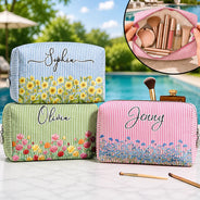Top Market, Confident, Gift For Yourself, Summer, Gift For Women, Icon - Birth Month Flower Watercolor Blooming In Love - Personalized Striped Cosmetic Bag