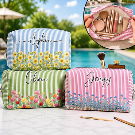 Birth Month Flower Watercolor Blooming In Love - Personalized Striped Cosmetic Bag