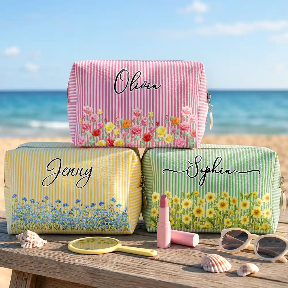 Top Market, Confident, Gift For Yourself, Summer, Gift For Women, Icon - Birth Month Flower Watercolor Blooming In Love - Personalized Striped Cosmetic Bag