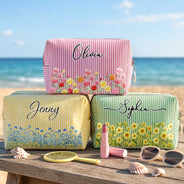 Top Market, Confident, Gift For Yourself, Summer, Gift For Women, Icon - Birth Month Flower Watercolor Blooming In Love - Personalized Striped Cosmetic Bag