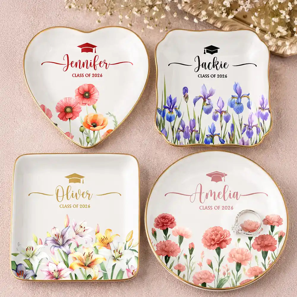 Birth Month Flower Watercolor Blooming In Love Graduation - Personalized Ring Dish