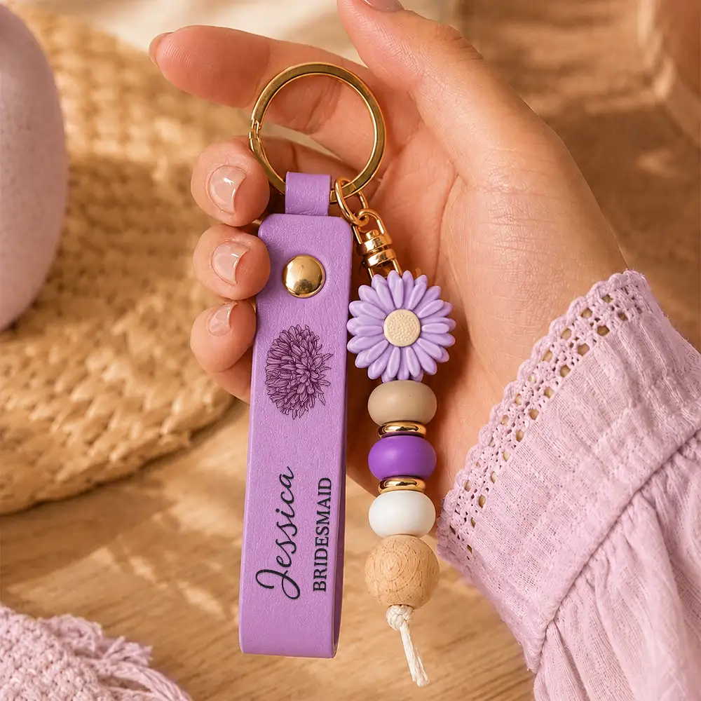 Sentimental,Wedding,Icon - Birth Month Flower Wedding Gifts - Personalized Leather Beaded Keychain