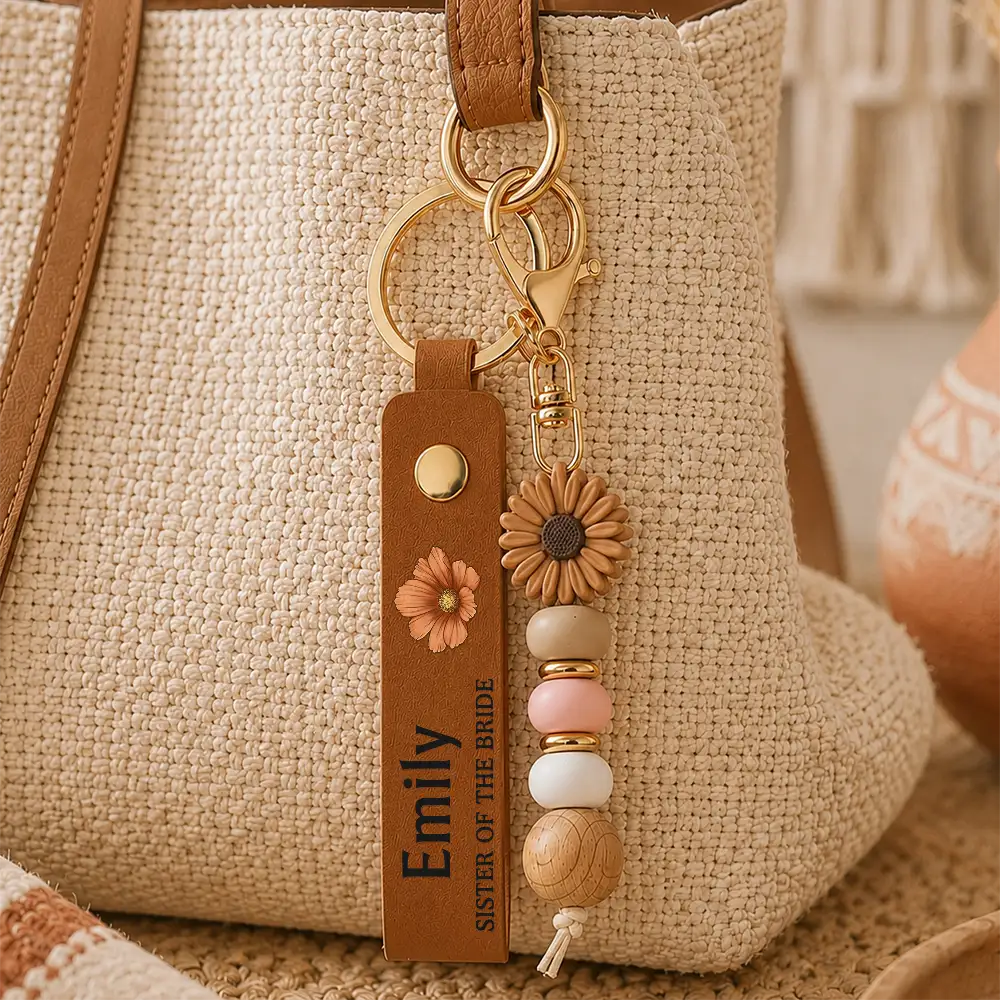 Sentimental,Wedding,Icon - Birth Month Flower Wedding Gifts - Personalized Leather Beaded Keychain