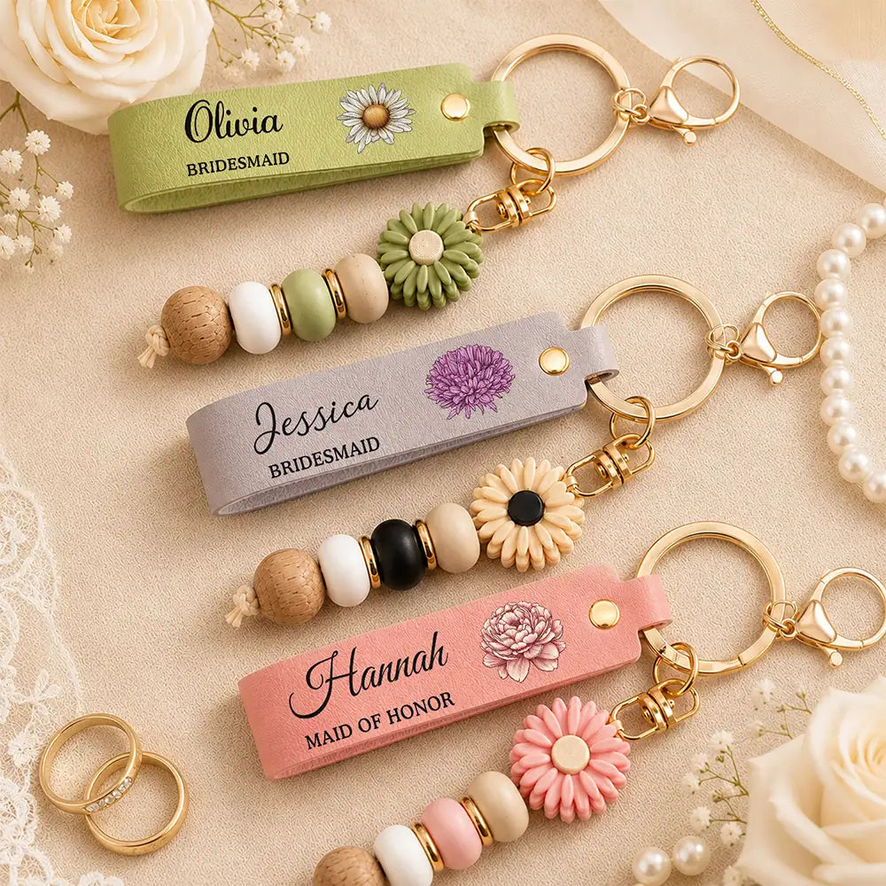 Sentimental,Wedding,Icon - Birth Month Flower Wedding Gifts - Personalized Leather Beaded Keychain