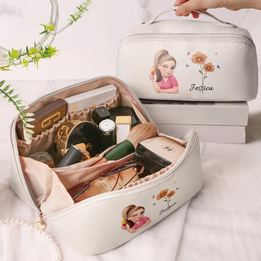 Gift For Wife,Gift For Girlfriend,Gift For Bestie,Gift For Yourself - Birth Month Flower With Name Fancy Girl Woman - Personalized Leather Makeup Bag