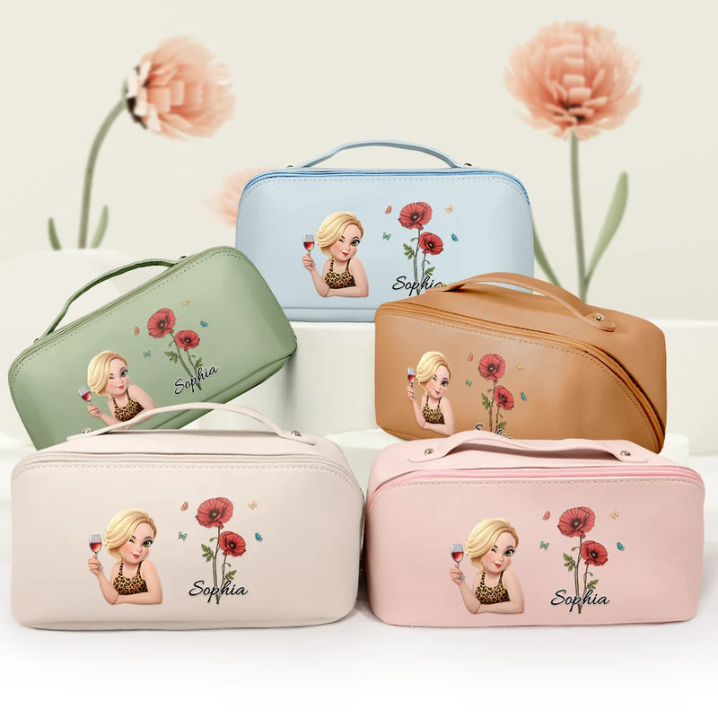 Gift For Wife,Gift For Girlfriend,Gift For Bestie,Gift For Yourself - Birth Month Flower With Name Fancy Girl Woman - Personalized Leather Makeup Bag