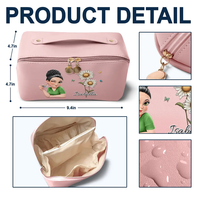 Gift For Wife,Gift For Girlfriend,Gift For Bestie,Gift For Yourself - Birth Month Flower With Name Fancy Girl Woman - Personalized Leather Makeup Bag