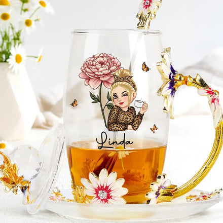 Birth Month Flower Woman - Personalized Glass Flower Tea Cup