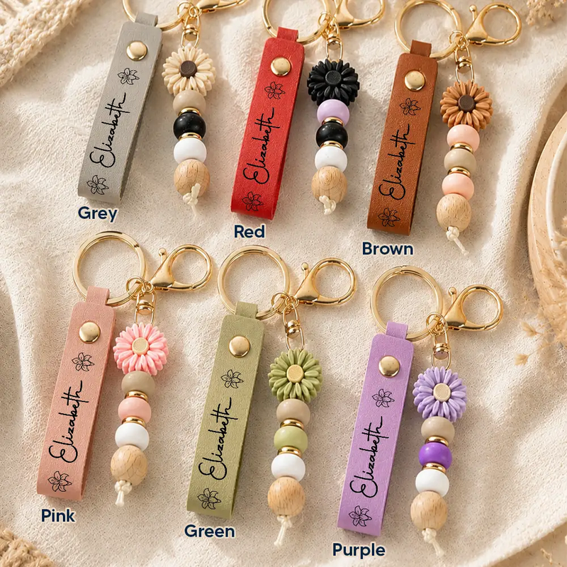 Gift For Yourself, Gift For Women, Adorable, Icon - Birth Month Flower Woman Name - Personalized Leather Beaded Keychain