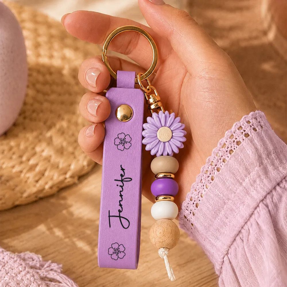 Gift For Yourself, Gift For Women, Adorable, Icon - Birth Month Flower Woman Name - Personalized Leather Beaded Keychain