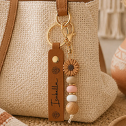 Gift For Yourself, Gift For Women, Adorable, Icon - Birth Month Flower Woman Name - Personalized Leather Beaded Keychain