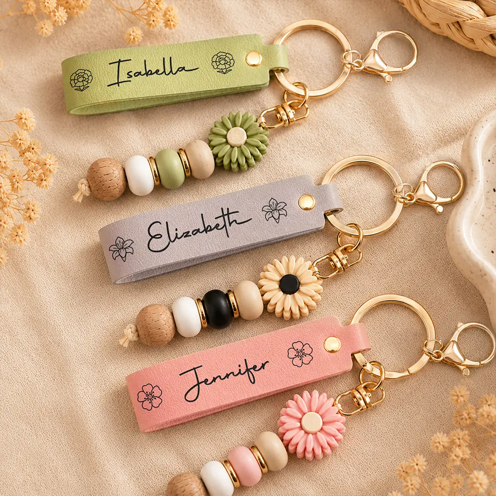 Gift For Yourself, Gift For Women, Adorable, Icon - Birth Month Flower Woman Name - Personalized Leather Beaded Keychain