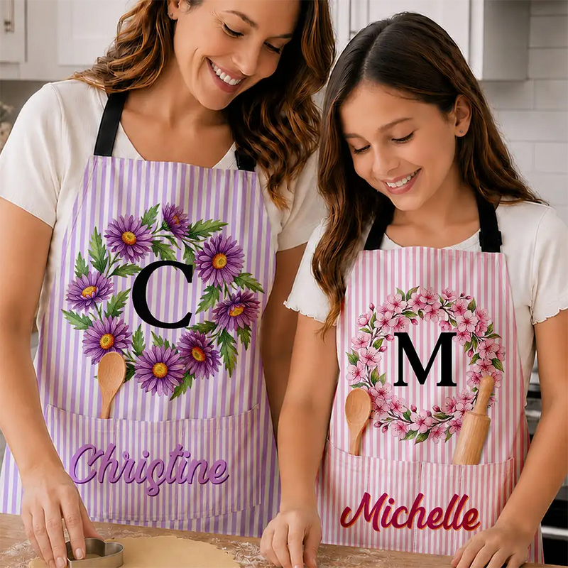Gift For Yourself,Gift For Women,Icon,Happy - Birth Month Flower Woman Name Striped Pattern - Personalized Apron