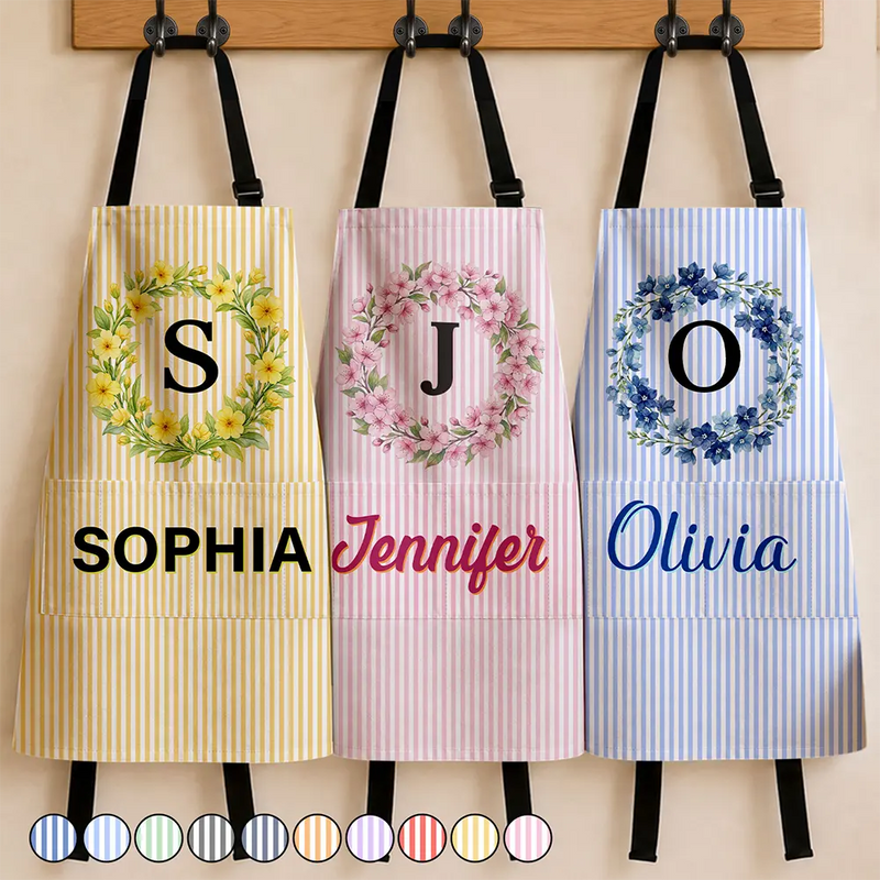 Gift For Yourself,Gift For Women,Icon,Happy - Birth Month Flower Woman Name Striped Pattern - Personalized Apron