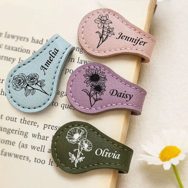 Gift For Yourself, Gift For Women, Reading, Happy - Birth Month Flower & Name - Personalized Circle Leather Magnetic Bookmark