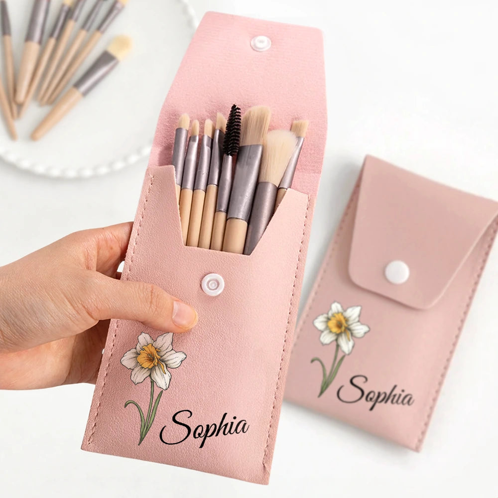 Gift For Yourself,Gift For Women,Gift For Mother,Happy - Birth Month Flower & Name - Personalized Makeup Brush Bag Set