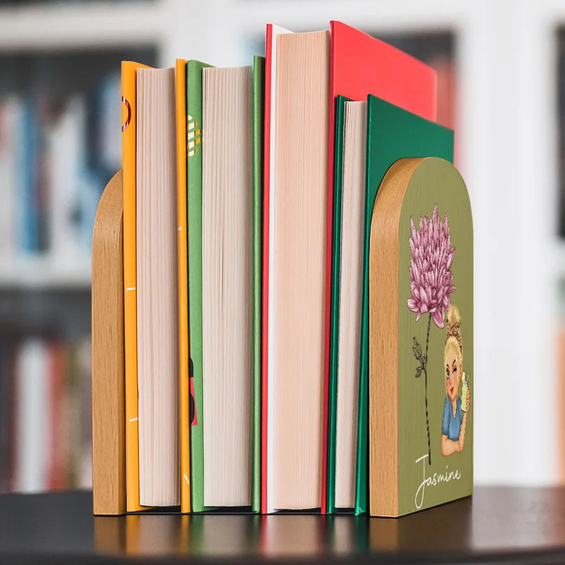 Gift For Yourself, Gift For Women, Happy - Birth Month Flowers Girl Bloom Where You're Planted - Personalized Wood Book Ends