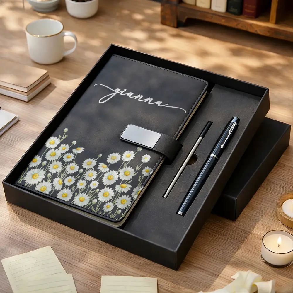 Gift For Wife,Gift For Girlfriend,Gift For Yourself,Gift For Women,Gift For Mother,Gift For Grandma,Love - Birth Month Flowers In Bloom - Personalized Leather Notebook Set