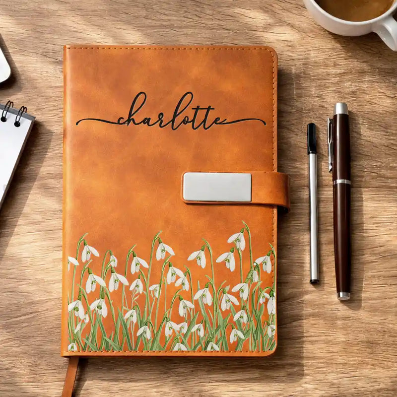 Gift For Wife,Gift For Girlfriend,Gift For Yourself,Gift For Women,Gift For Mother,Gift For Grandma,Love - Birth Month Flowers In Bloom - Personalized Leather Notebook Set