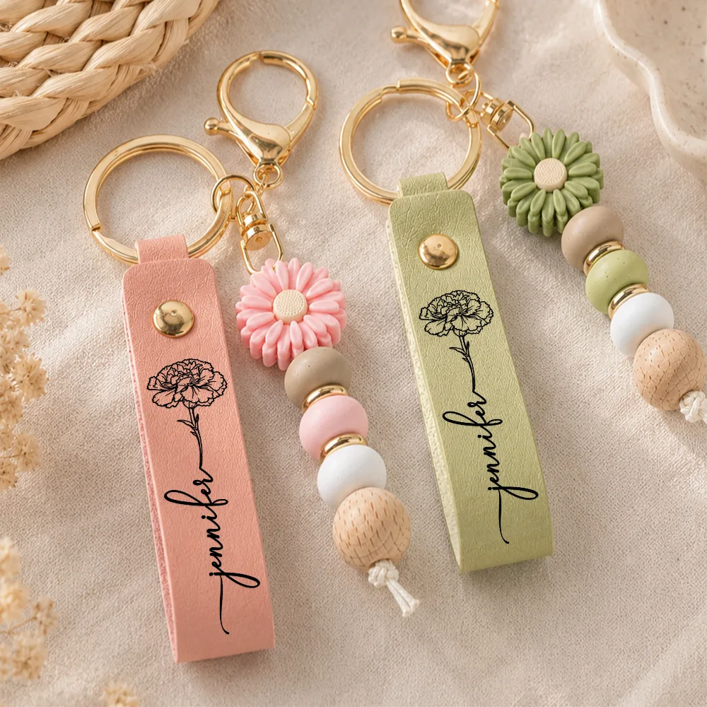 Top Market, Gift For Yourself, Adorable, Icon - Birth Month Flowers Sketch Bloom Where You're Planted - Personalized Leather Beaded Keychain