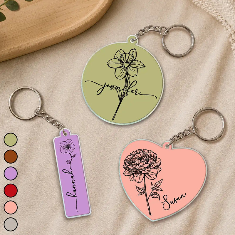 Confident,Icon - Birth Month Flowers Sketch Bloom Where You're Planted - Personalized Acrylic Keychain