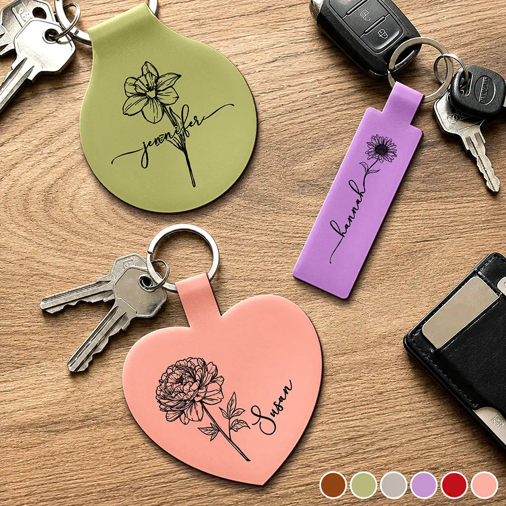 Confident,Icon - Birth Month Flowers Sketch Bloom Where You're Planted - Personalized Custom Shaped Leather Keychain