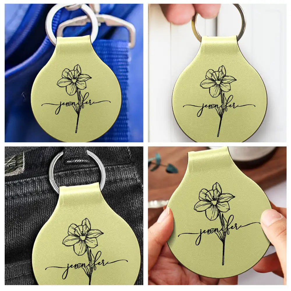 Confident,Icon - Birth Month Flowers Sketch Bloom Where You're Planted - Personalized Custom Shaped Leather Keychain