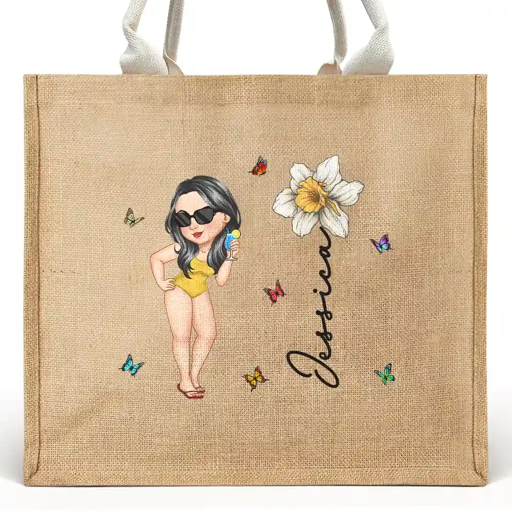 Birth Month Flowers Summer Girl At The Beach - Personalized Jute Beach Bag
