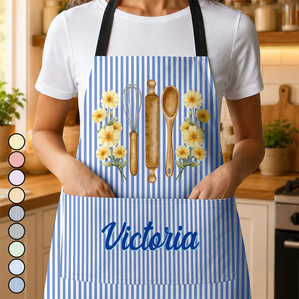 Top Market,Gift For Yourself,Cooking,Gift For Women,Icon,Happy - Birth Flower Striped Pattern - Personalized Apron