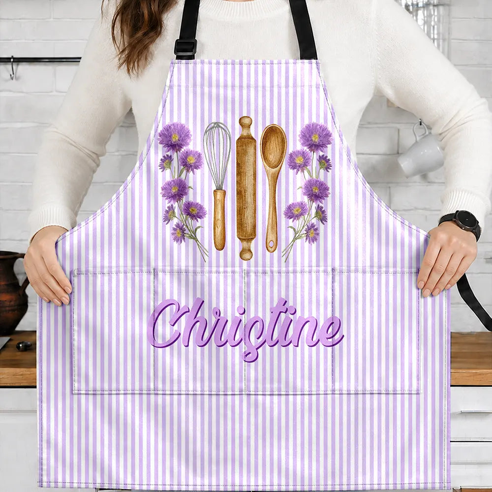 Top Market,Gift For Yourself,Cooking,Gift For Women,Icon,Happy - Birth Flower Striped Pattern - Personalized Apron