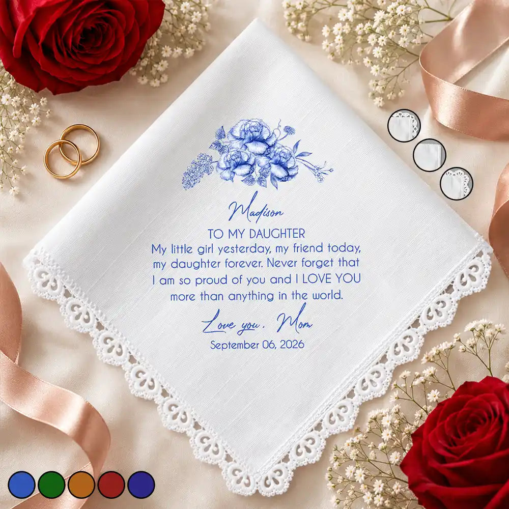 Birth Flower Toile Blue Wedding Bridal To Daughter Granddaughter - Personalized Handkerchief