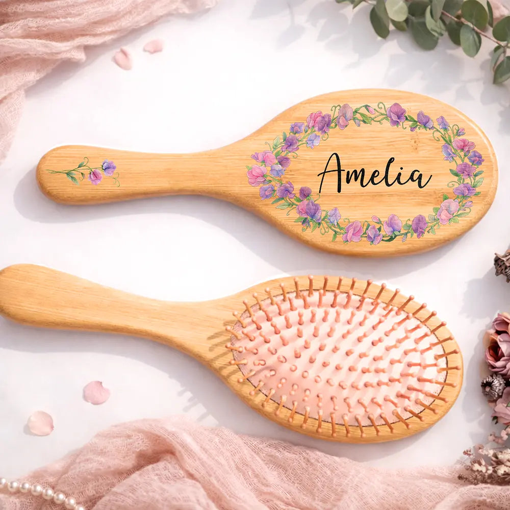 Birth Flowers Women Girl Bestie Sister Mom - Personalized Wooden Hair Brush