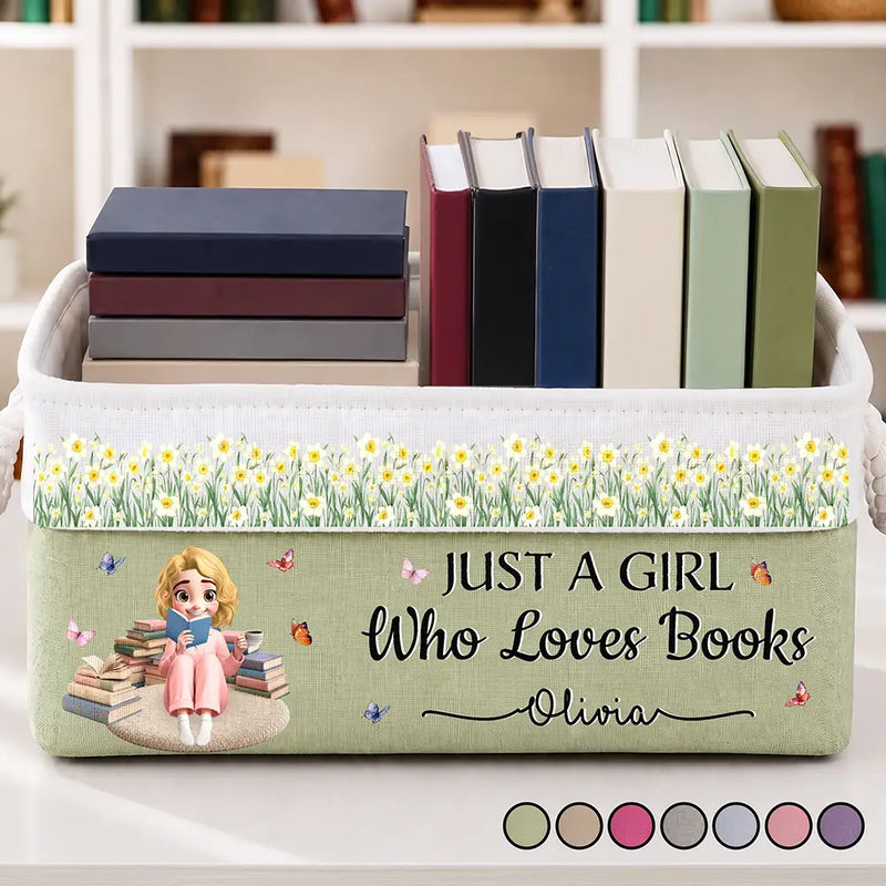 Reading,Gift For Yourself,Gift For Women,Vector,Happy - Birth Month Flower Just A Girl Who Loves Books - Personalized Storage Basket